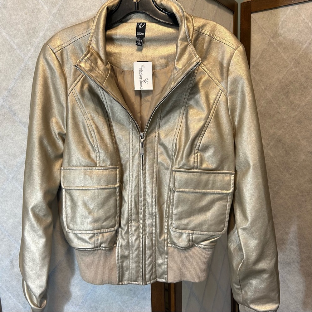 Windsor Metallic Gold Bronze Vegan Faux Leather Zip Front Bomber Jacket NEW NWT